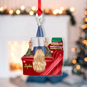 Girl Reading Book On Sofa Personalized Favorite Book Titles Acrylic Custom Shape Ornament - Ornament - GoDuckee