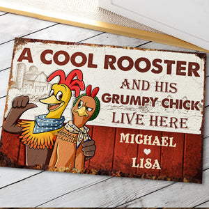 A Cool Rooster And His Grumpy Chick Live Here - Personalized Doormat - Doormat - GoDuckee