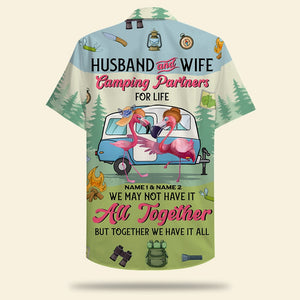 Personalized Camping Couple Hawaiian Shirt - Flamingo Husband and Wife, Camping Partners For Life - Hawaiian Shirts - GoDuckee