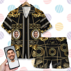 Golden Pattern with Custom Face Image ,Personalized Hawaiian Shirt and Men Beach Shorts, Summer Gifts - Hawaiian Shirts - GoDuckee