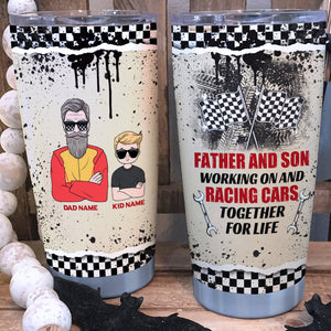 Personalized Racing Father and Son Tumbler - Working on and racing cars together for life - Checkered Pattern - Tumbler Cup - GoDuckee