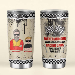 Personalized Racing Father and Son Tumbler - Working on and racing cars together for life - Checkered Pattern - Tumbler Cup - GoDuckee