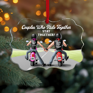 Biker Couple Ride Together Stay Together, Personalized Medallion Acrylic Ornament - Ornament - GoDuckee