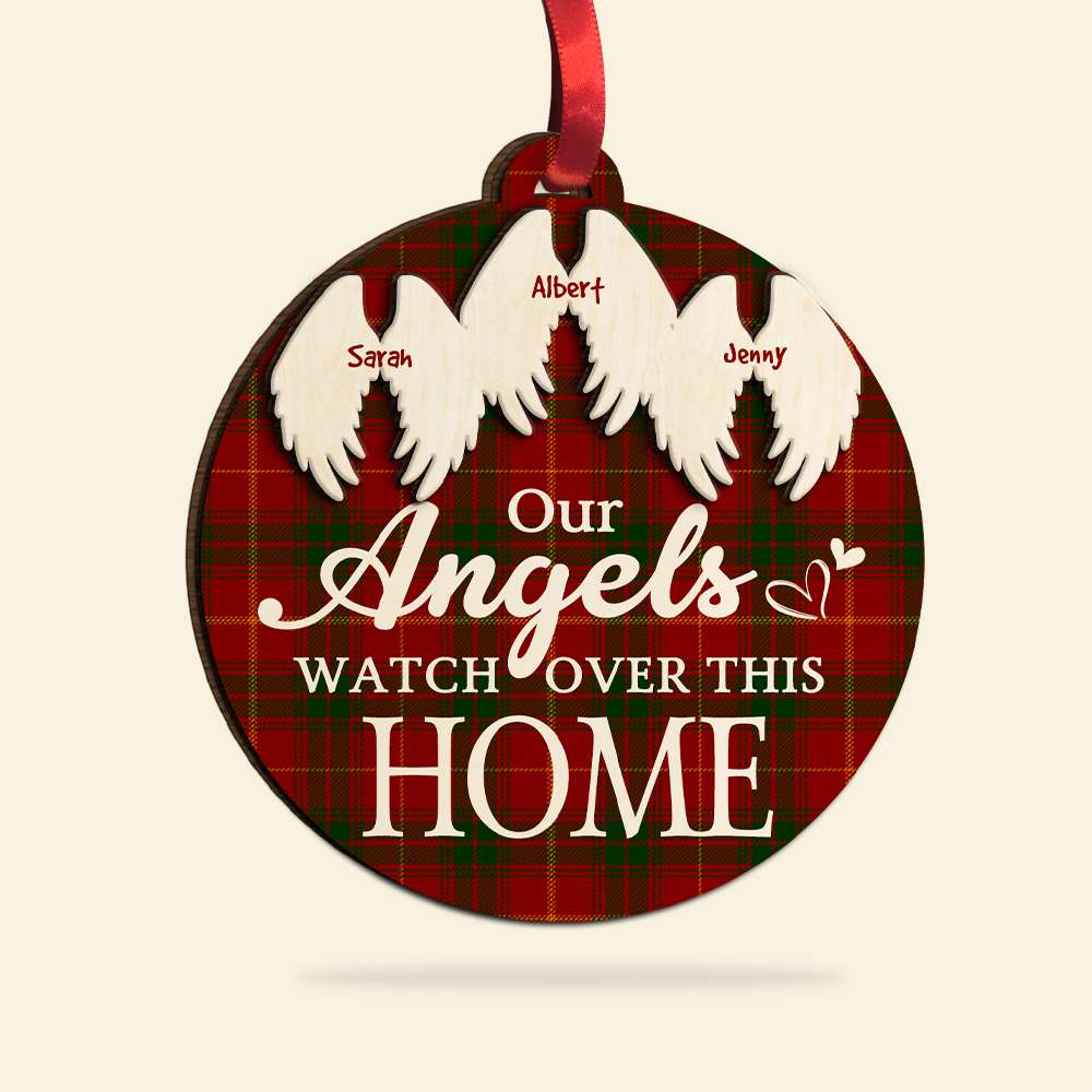 Our Angels Watch Over This Home, Personalized Heaven Wood Ornament, Christmas Gift - Ornament - GoDuckee