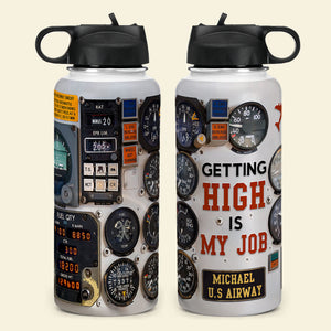 Pilot Control-Panel Water Bottle - Custom Name, Unit - Getting High Is My Job - Water Bottles - GoDuckee
