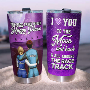 Personalized Couple Racing Tumbler, The Race Track Is Our Happy Place - Tumbler Cup - GoDuckee