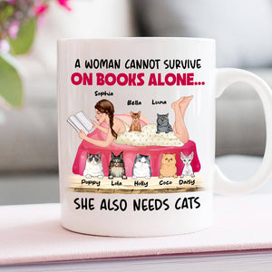 A Woman Cannot Survive On Books Alone, Girl Book Cat White Mug - Coffee Mug - GoDuckee