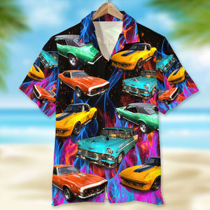 Custom Muscle Car Photo Hawaiian Shirt, Colorful Flame Pattern - Hawaiian Shirts - GoDuckee