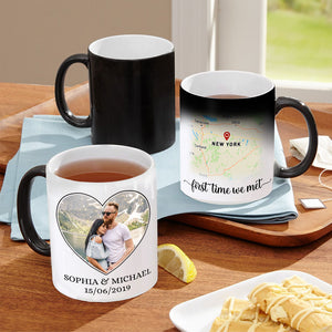 First Time We Met Custom Couple Couple Map Mug, Gift For Couple - Magic Mug - GoDuckee