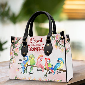Blessed To Be Called Grandma, Personalized Leather Bag, Gift For Grandma, Grandma's Little Birds Bag - Leather Bag - GoDuckee