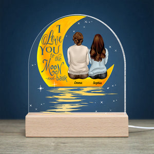 I Love You To The Moon And Back, Mom And Child Personalized Led Light Wooden Base Gift For Mom - Led Night Light - GoDuckee