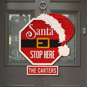 Santa Stop Here Personalized Family Wood Sign Gift For Family - Wood Sign - GoDuckee