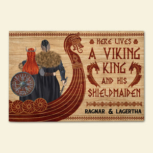 Personalized Viking Couple Doormat - Here Lives A Viking King and His Shield Maiden - Doormat - GoDuckee