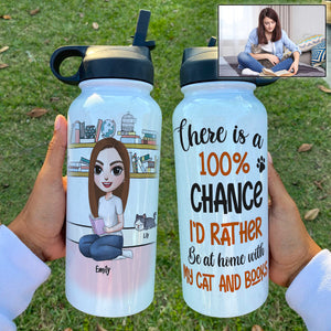 Personalized Reading Girl & Cat Breeds Water Bottle - There Is A 100% Chance I'd Rather Be At Home With My Dogs And Books - Water Bottles - GoDuckee