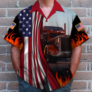 Custom Photo Hawaiian Shirt, Aloha Shirt and Mens Beach Shorts - Truck With Fire Background - Hawaiian Shirts - GoDuckee