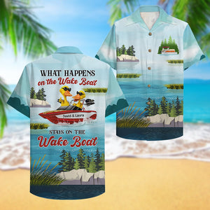 Personalized Wakeboarding Duck Couple Hawaiian Shirt - What Happens on The Wake Boat - Hawaiian Shirts - GoDuckee