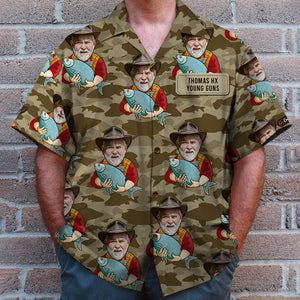 Fishing Custom Face Photos Seamless Pattern, Personalized Hawaiian Shirt and Men Beach Shorts, Gifts for Fishing Lovers - Hawaiian Shirts - GoDuckee