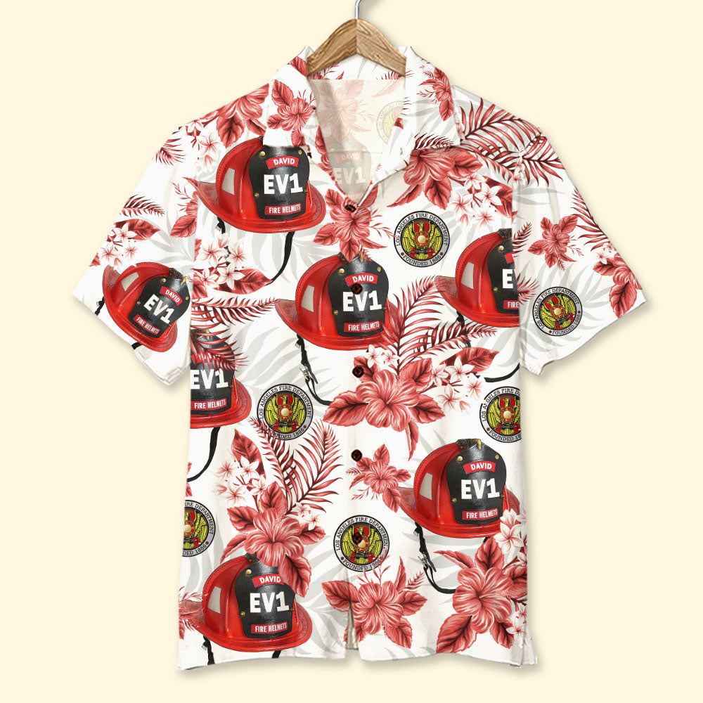 Custom Firefighter Logo Hawaiian Shirt, Aloha Shirt, Red Flower Pattern, Gift For Firefighter - Hawaiian Shirts - GoDuckee