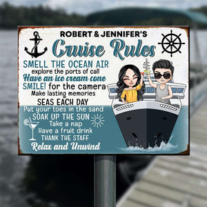 Personalized Cruising Couple Metal Sign - Cruise Rules Relax and Unwind - Metal Wall Art - GoDuckee