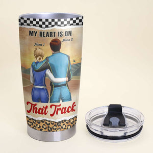 Personalized Racing Couple Tumbler - My Heart Is On That Track - His #1 Fan - Tumbler Cup - GoDuckee
