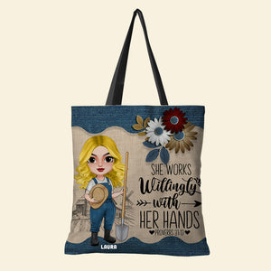 She Works Willingly With Her Hands, Personalized Tote Bag, Gifts for Female Farmers - Tote Bag - GoDuckee