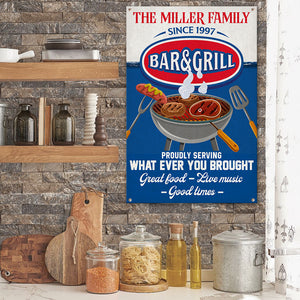 Bar & Grill Proudly Serving Whatever You Brought, Personalized Metal Sign, Gift for Grill Lovers - Metal Wall Art - GoDuckee