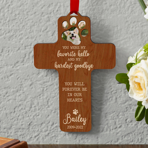 My Favorite Hello & Hardest Goodbye, Personalized Memorial Pet Wood Ornament - Ornament - GoDuckee
