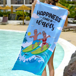 Happiness Comes in Waves - Simpsonized Surfing Beach Towel - Gifts For Wife, Girlfriend From Husband - Beach Towel - GoDuckee