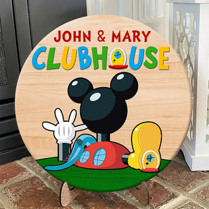 Family Welcome To Clubhouse, Personalized Round Wooden Sign - Wood Sign - GoDuckee