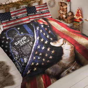 Police Honor Serve Protect - Personalized Quilt Bed Set -Gift for Police - Back Police and Flag - Quilts & Comforters - GoDuckee