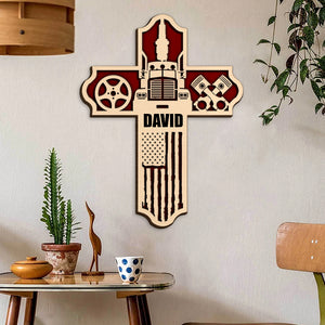 Trucker Truck Inside A Cross - Personalized Wood Art - Gift for Trucker - Wood Sign - GoDuckee
