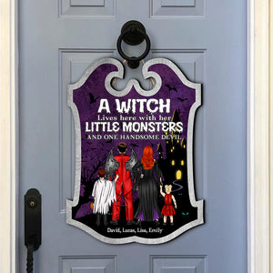 Personalized Horror Family Wood Sign, Witch, Her Little Monsters and One Handsome Devil - Wood Sign - GoDuckee