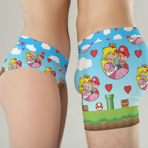 Red Heart With Cartoon Background - Custom Photo Couple Boxer Briefs - Boxer Briefs - GoDuckee