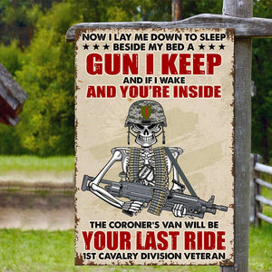 Personalized Veteran Metal Sign Skeleton I Lay Me Down To Sleep Beside My Bed - Metal Wall Art - GoDuckee
