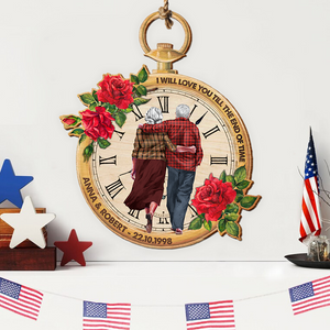 Personalized Clock Shape Wood Sign, Love You Till The End Of Time, Old Couple Walking Together - Wood Sign - GoDuckee