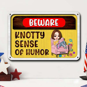 Beware Knotty Sense of Humor, Funny Personalized Wood Sign for Knitting and Crochet Lovers - Wood Sign - GoDuckee