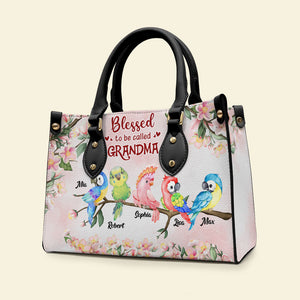Blessed To Be Called Grandma, Personalized Leather Bag, Gift For Grandma, Grandma's Little Birds Bag - Leather Bag - GoDuckee