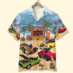 Custom Muscle Car Photo Hawaiian Shirt, Sexy Girls Sitting On Cars, Beach Pattern - Hawaiian Shirts - GoDuckee