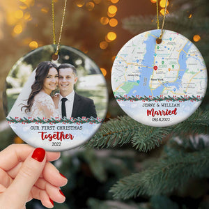 Couple Our First Christmas Together, Personalized Ceramic Ornament - Ornament - GoDuckee