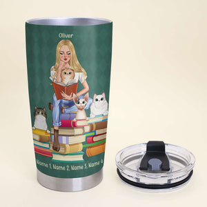 Personalized Cat Mom Tumbler Cup - Time Spent With Books and Cats - A Reading Girl With Cats - Tumbler Cup - GoDuckee