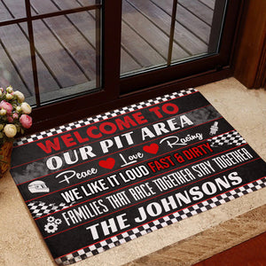 Racing Doormat - Custom Family's Name - Welcome To Our Pit Area, Loud Fast & Dirty - Checkered Theme - Doormat - GoDuckee