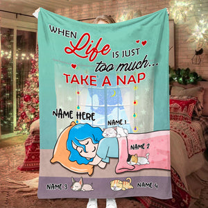 When Life Is Just Too Much Take A Nap, Personalized Cartoon Sleeping Girl & Cat Breeds Blanket - Blanket - GoDuckee