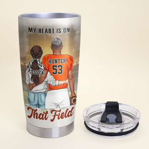 Personalized American Football Couple Tumbler - My Heart Is On That Field - Tumbler Cup - GoDuckee