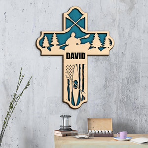 Kayak Layered Cross With American Flag - Personalized Wood Art - Gifts for Kayakers - Wood Sign - GoDuckee