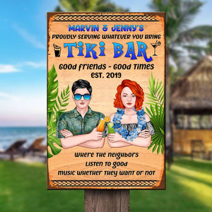 Personalized Hawaiian Wreath Couple Metal Sign - Tiki Bar Good Friends Good Times - Couple Arms Crossed - Hawaiian Shirts - GoDuckee