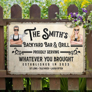Personalized Couple Grilling Metal Sign Sit Long Talk More Laugh Often - Metal Wall Art - GoDuckee