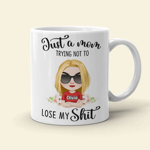 Just A Mom Trying Not To Lose My Shit, Personalized Mug, Gift For Mom, Mother's Day Gift, Chibi Woman With Crossed Arms - Coffee Mug - GoDuckee