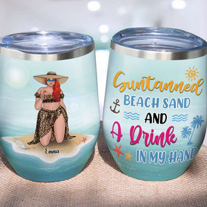 Personalized Bikini Girl Trip Wine Tumbler - Suntanned Beach Sand And A Drink In My Hand - Leopard Pattern - Wine Tumbler - GoDuckee