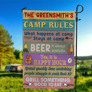 Personalized Gifts For Camping Lovers, Camp Rules What Happens at Camp Stay at Camp Custom Family's Name Flag - Flag - GoDuckee