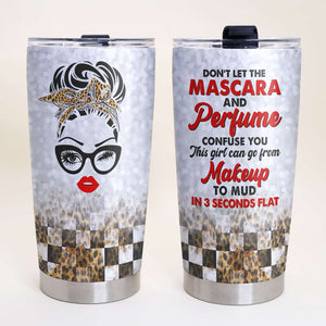 Personalized Racing Girl Tumbler - Don't Let Mascara And Perfume Confuse You - Leopard Checkered Pattern - Tumbler Cup - GoDuckee